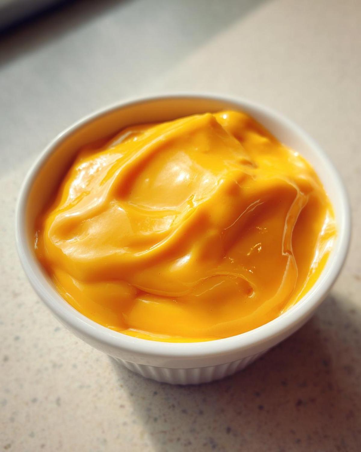 Close-up of rich, bright orange homemade nacho cheese sauce swirled in a small white ramekin.