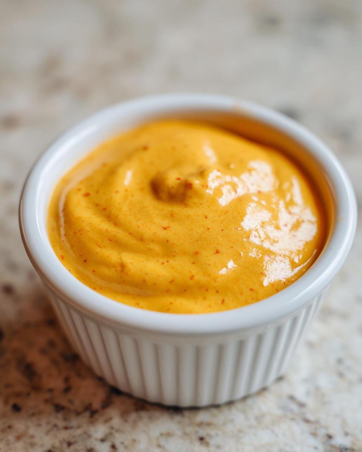 A close-up of thick, vibrant orange nacho cheese sauce speckled with red spices, served in a small white ramekin.
