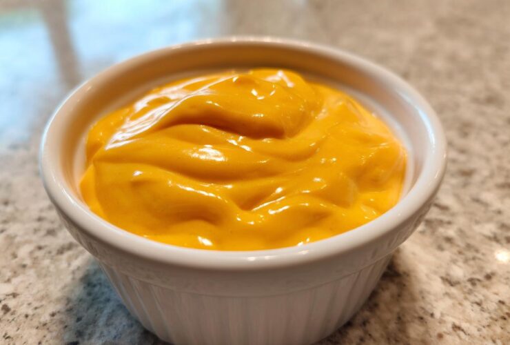 Close-up of vibrant orange, creamy nacho cheese sauce filling a small white ramekin on a speckled countertop.
