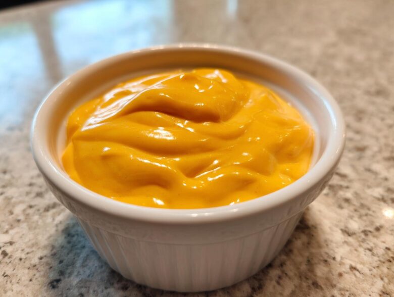 Close-up of vibrant orange, creamy nacho cheese sauce filling a small white ramekin on a speckled countertop.