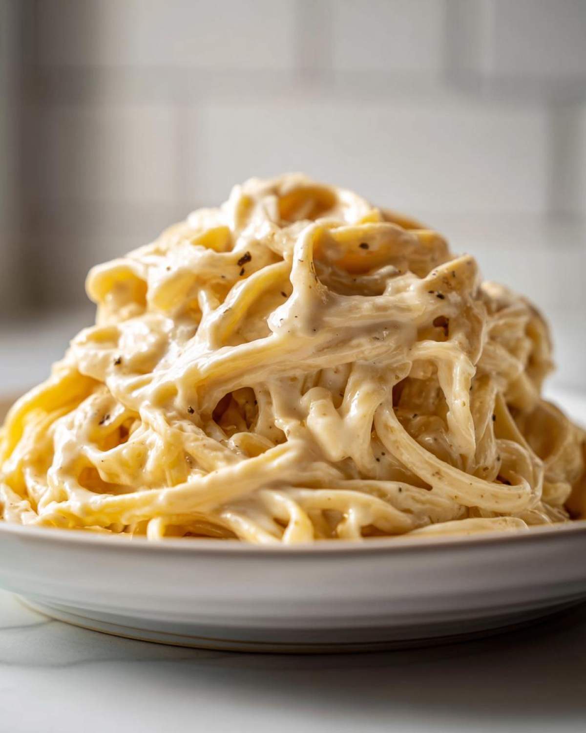 A close-up of fettuccine pasta generously coated in rich, creamy Olive Garden Alfredo sauce, served in a white bowl.