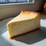 A perfect slice of creamy Protein Cheesecake with a golden-brown top, sitting on a white plate.