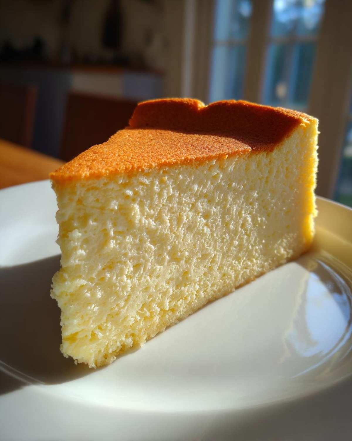 A thick, fluffy slice of creamy Protein Cheesecake with a golden-brown top, sitting on a white plate.