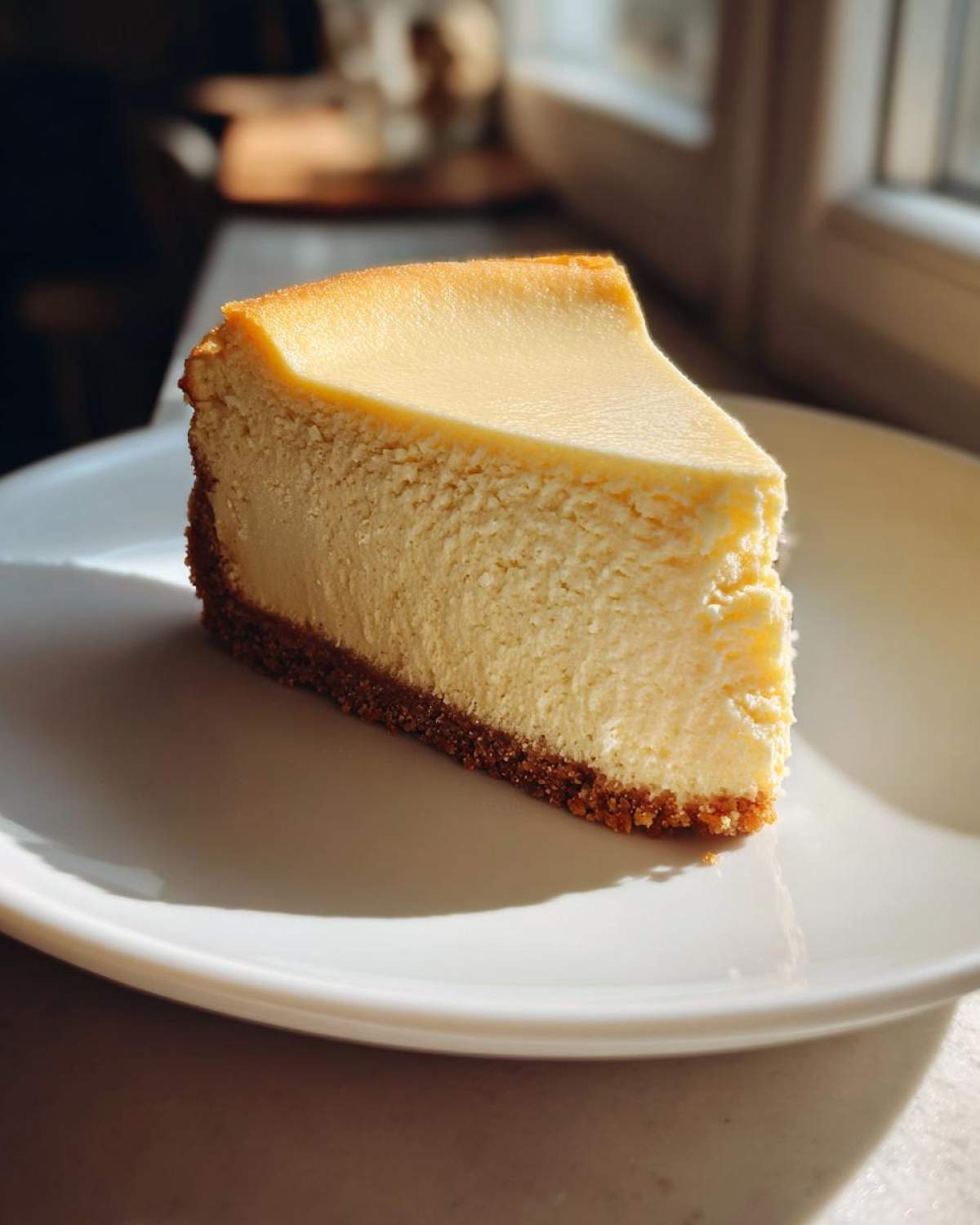 A perfect slice of creamy Protein Cheesecake with a thick graham cracker crust, served on a white plate.