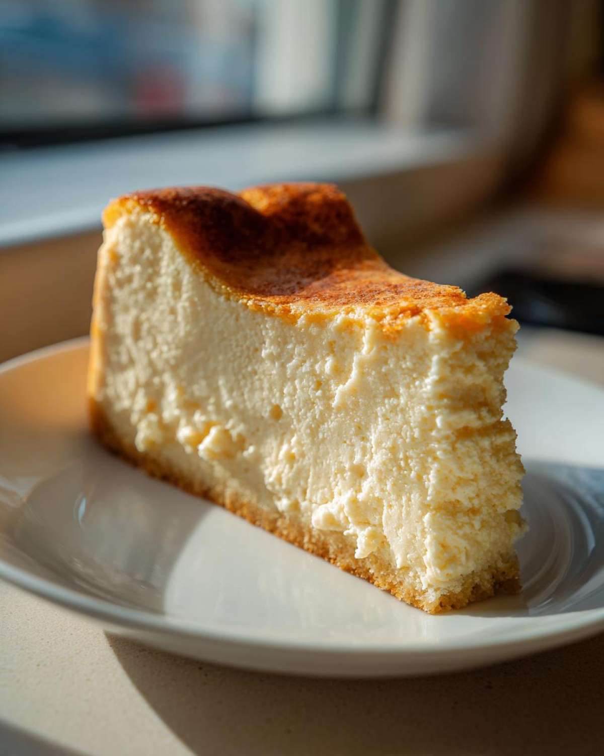 A thick, creamy slice of baked Protein Cheesecake with a golden top and graham cracker crust, sitting on a white plate.