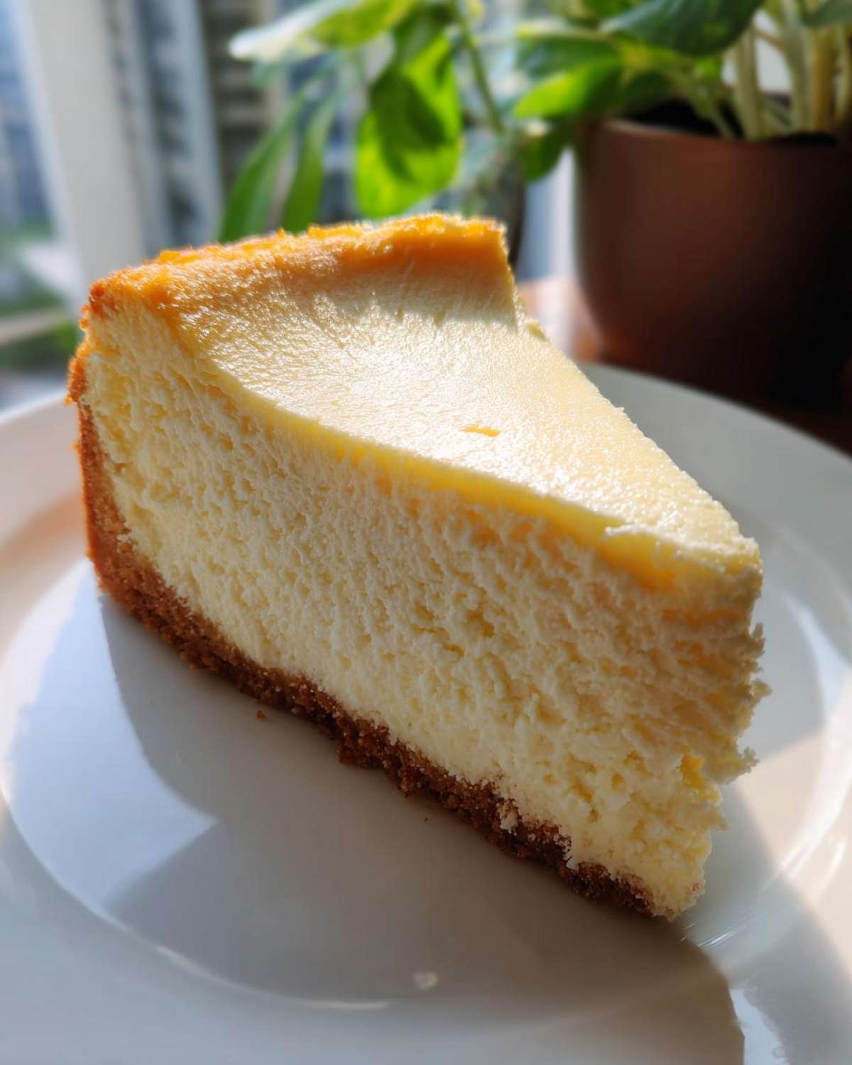 A thick, creamy slice of Basque-style Protein Cheesecake with a golden-brown, slightly burnt top, sitting on a white plate.