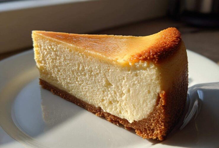 A perfect slice of creamy Protein Cheesecake with a graham cracker crust, beautifully lit by sunlight.