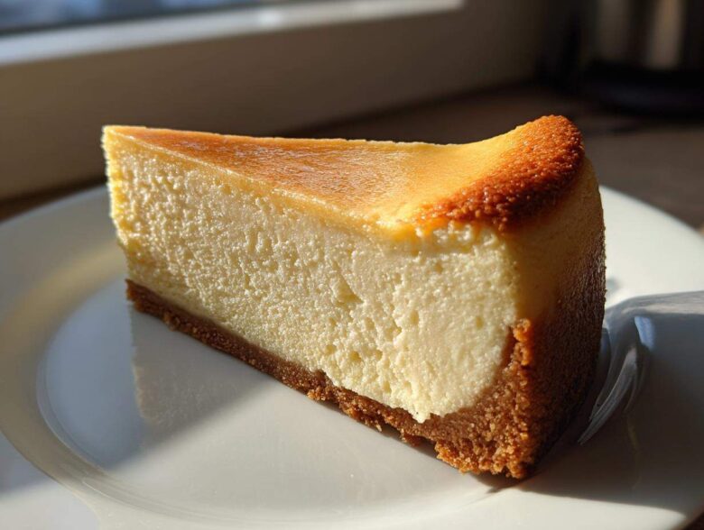 A perfect slice of creamy Protein Cheesecake with a graham cracker crust, beautifully lit by sunlight.