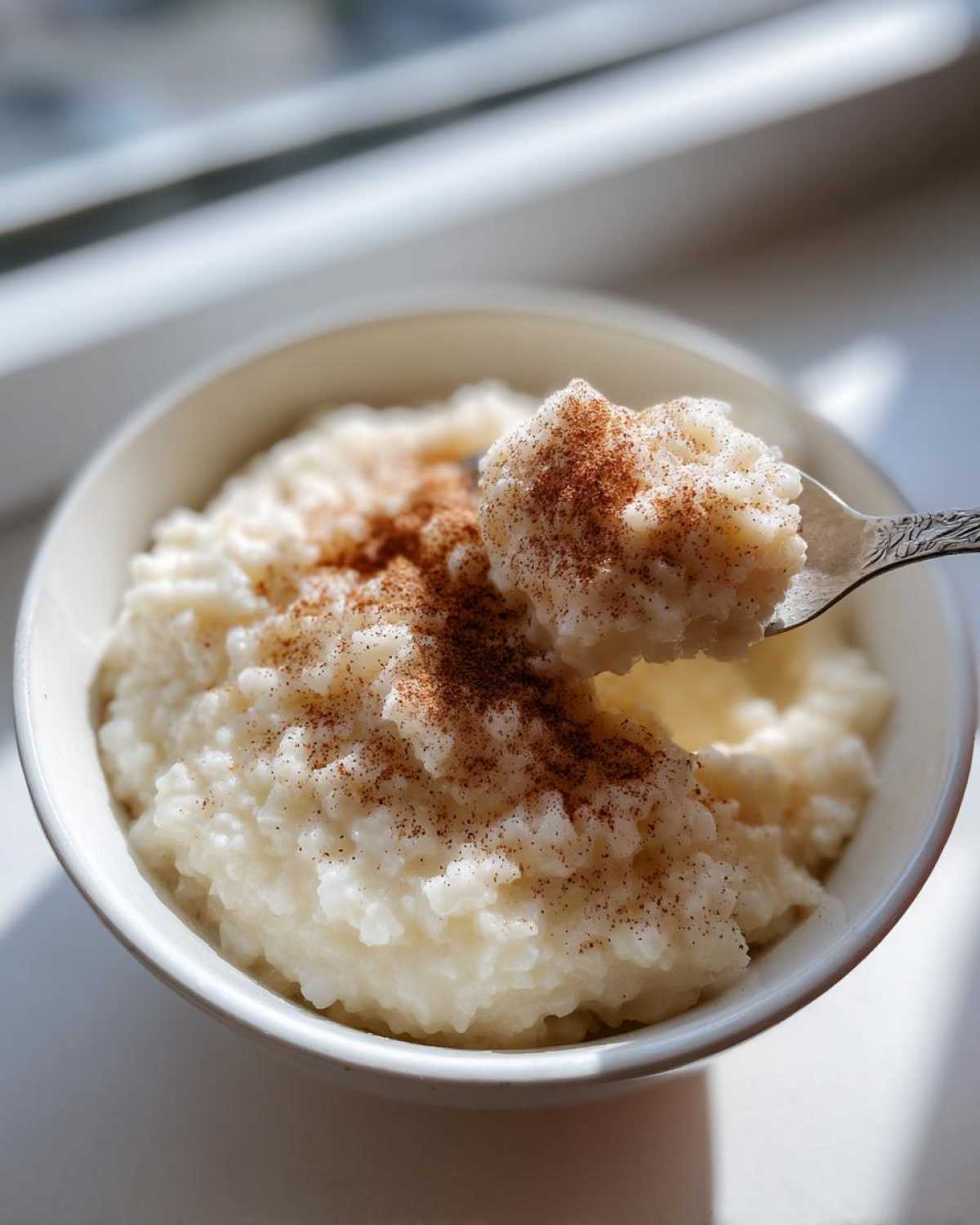 A spoonful of creamy rice pudding topped with cinnamon being lifted from a white bowl.