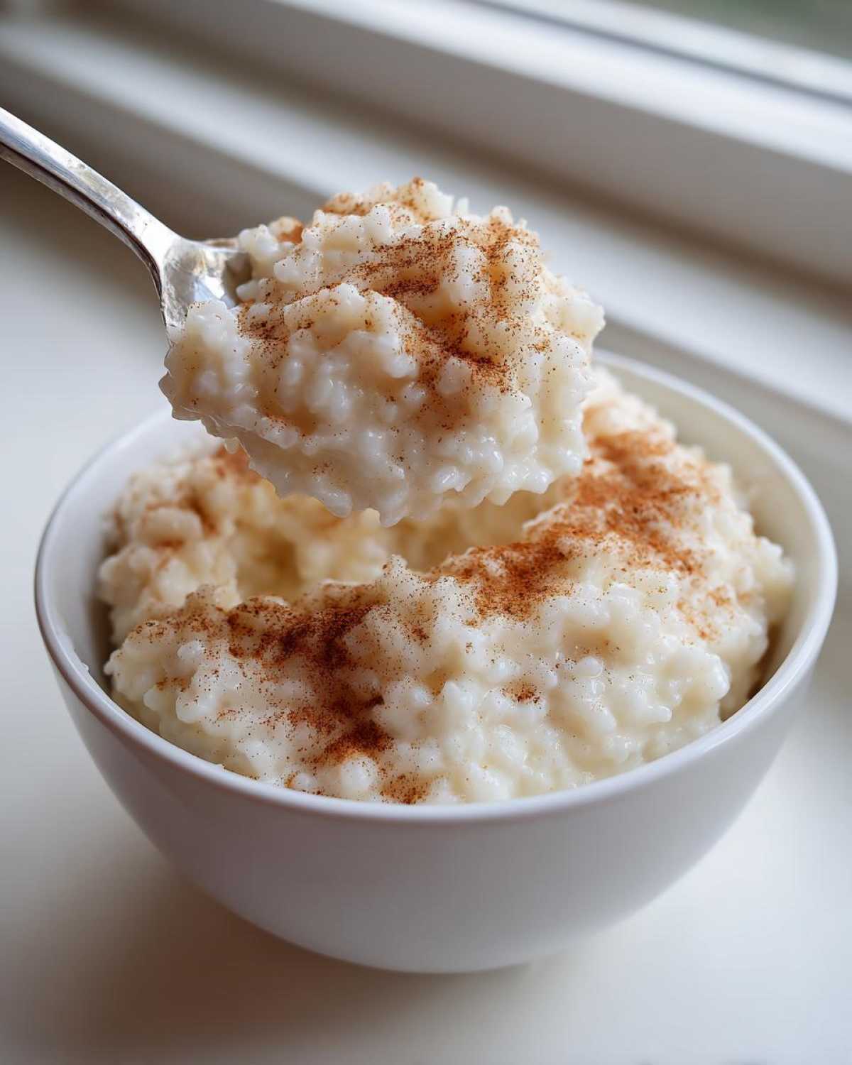 A spoonful of creamy rice pudding topped with cinnamon being lifted from a white bowl.