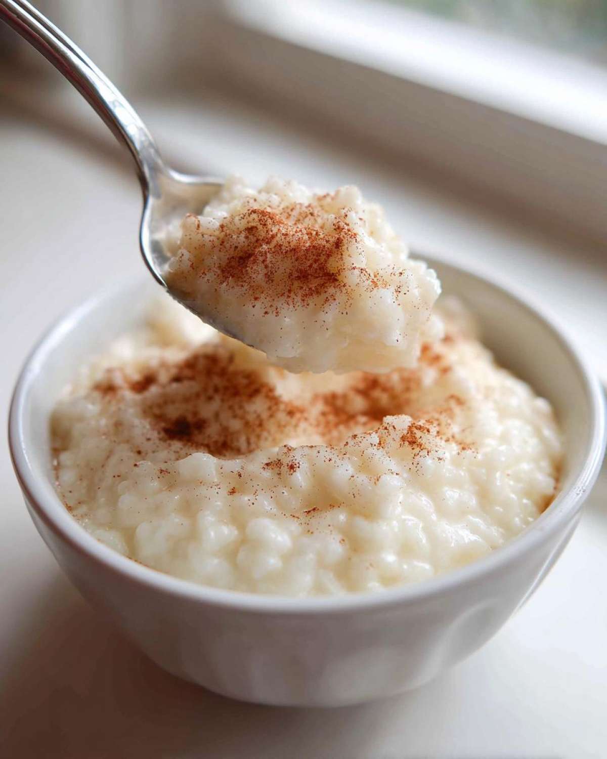 A spoonful of creamy rice pudding topped with cinnamon being lifted from a white bowl.