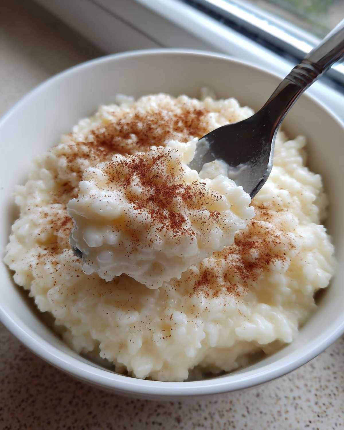 Close-up of creamy rice pudding in a white bowl, topped with cinnamon, with a spoonful being lifted out.