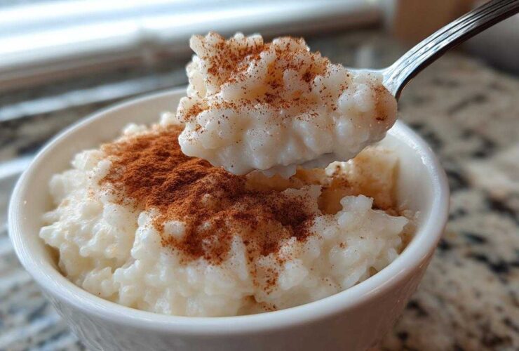 A spoonful of creamy rice pudding topped with ground cinnamon being lifted from a white bowl.