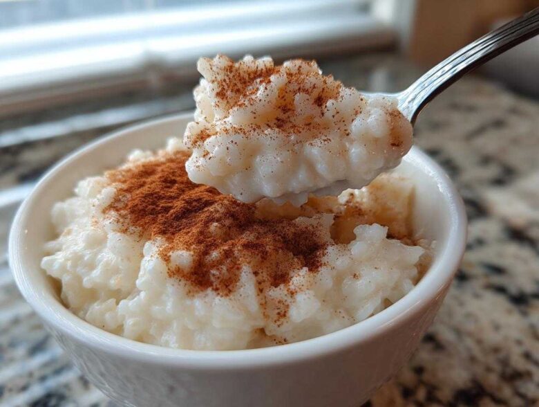A spoonful of creamy rice pudding topped with ground cinnamon being lifted from a white bowl.