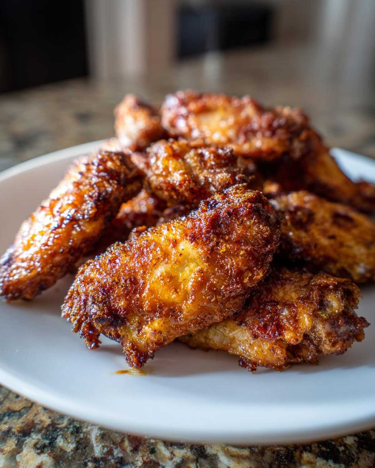 A close-up of several golden brown, crispy baked chicken wings piled on a white plate.