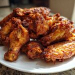 A pile of golden brown, crispy baked chicken wings stacked high on a white plate.