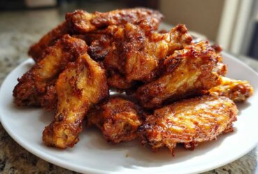 A pile of golden brown, crispy baked chicken wings stacked high on a white plate.