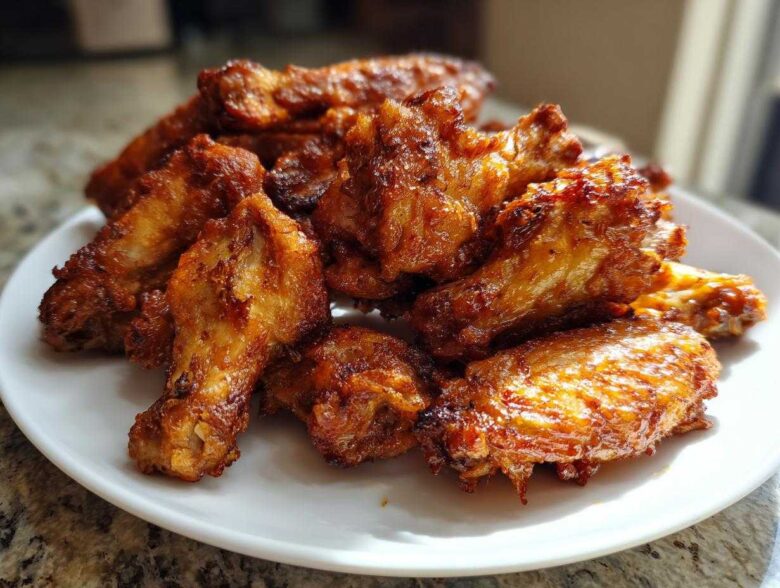 A pile of golden brown, crispy baked chicken wings stacked high on a white plate.