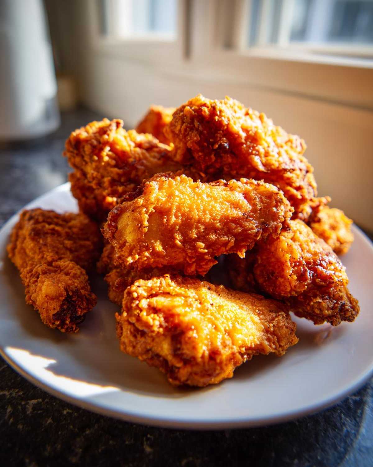A close-up of a pile of golden brown, crispy baked chicken wings stacked high on a white plate.