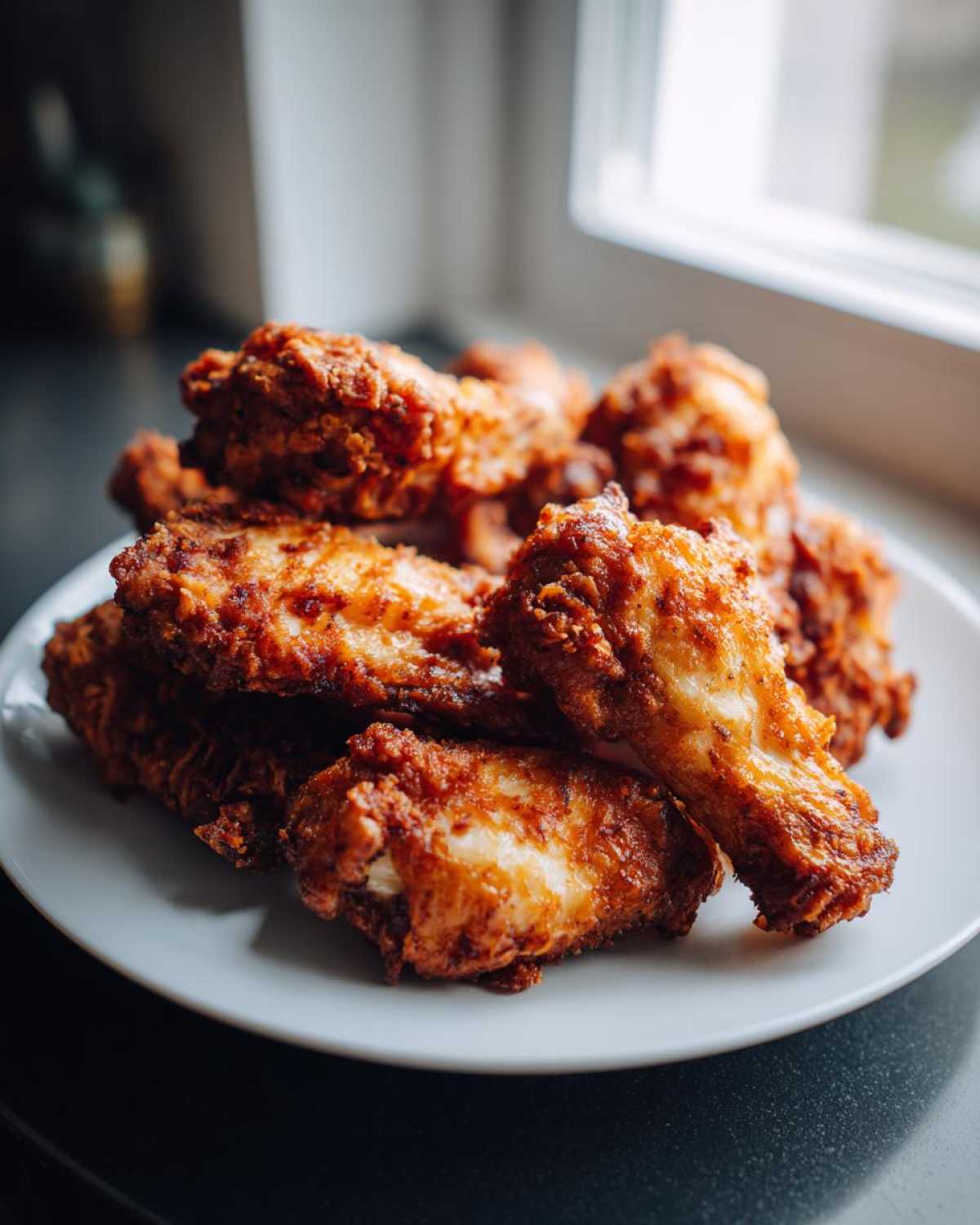 A close-up of a pile of golden brown, crispy baked chicken wings served on a white plate near a window.