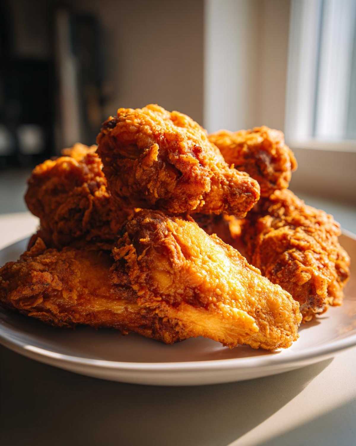 A pile of golden brown, crispy baked chicken wings stacked high on a white plate, catching bright sunlight.