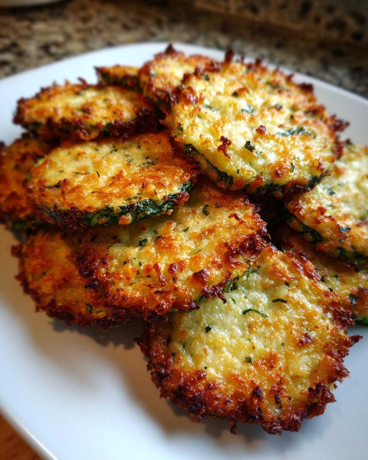 Close-up of golden brown, crispy baked parmesan zucchini slices piled on a white plate.