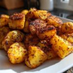Close-up of golden brown, perfectly seasoned breakfast potatoes piled high on a white serving dish.