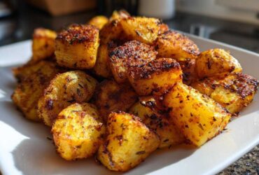 Close-up of golden brown, perfectly seasoned breakfast potatoes piled high on a white serving dish.