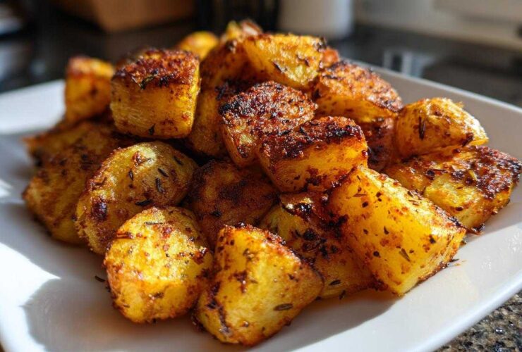 Close-up of golden brown, perfectly seasoned breakfast potatoes piled high on a white serving dish.