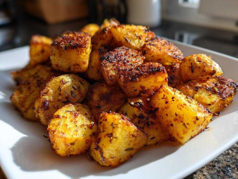 Close-up of golden brown, perfectly seasoned breakfast potatoes piled high on a white serving dish.