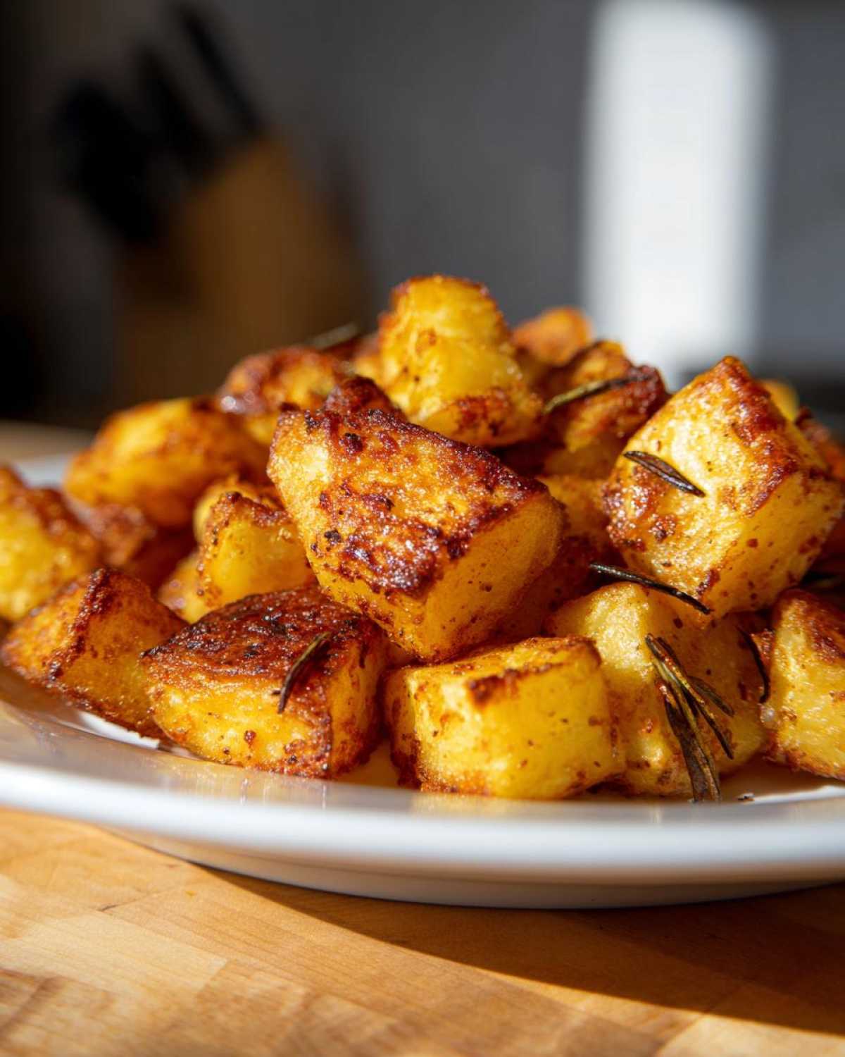 Close-up of golden, crispy roasted breakfast potatoes seasoned with herbs on a white plate.