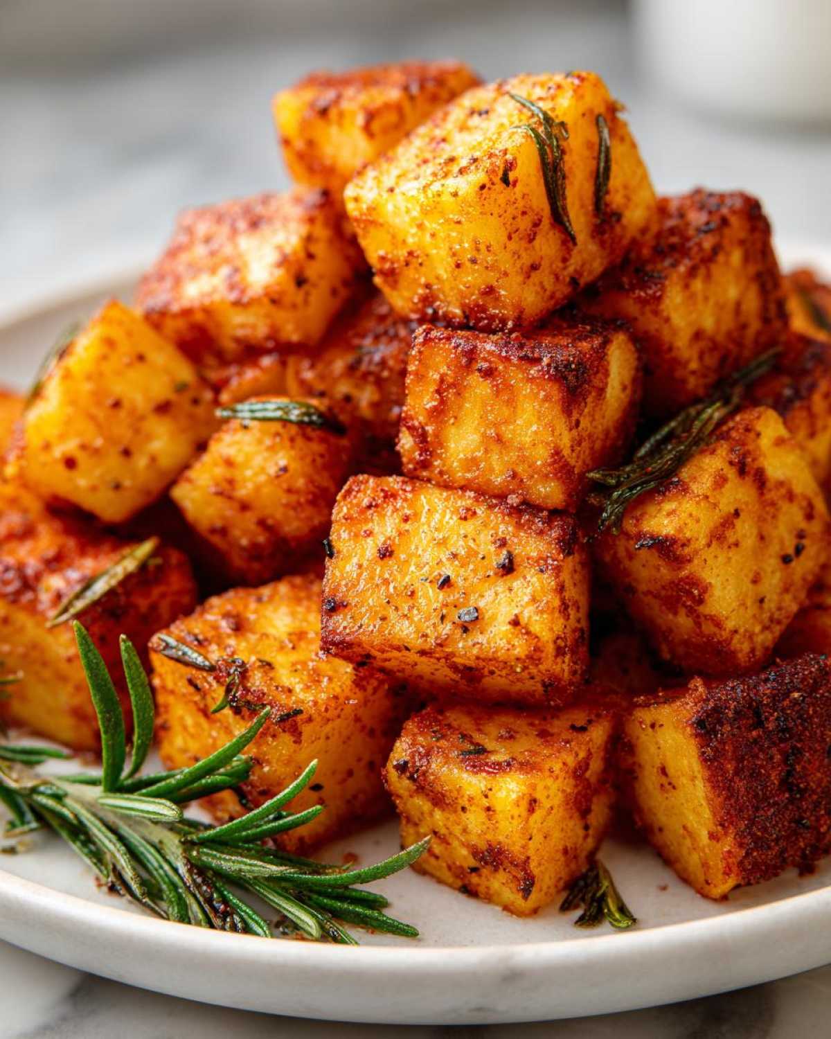 Close-up of a pile of golden brown, crispy breakfast potatoes seasoned with spices and fresh rosemary.