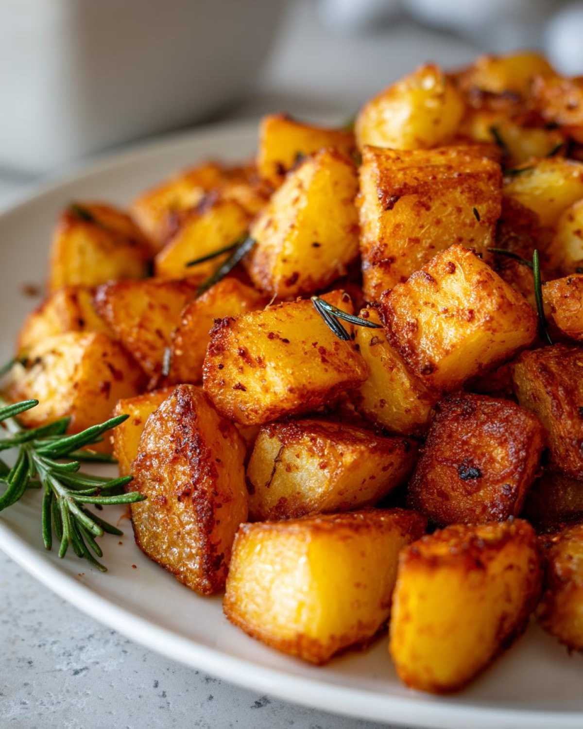 Close-up of golden brown, crispy roasted breakfast potatoes seasoned and garnished with fresh rosemary sprigs.