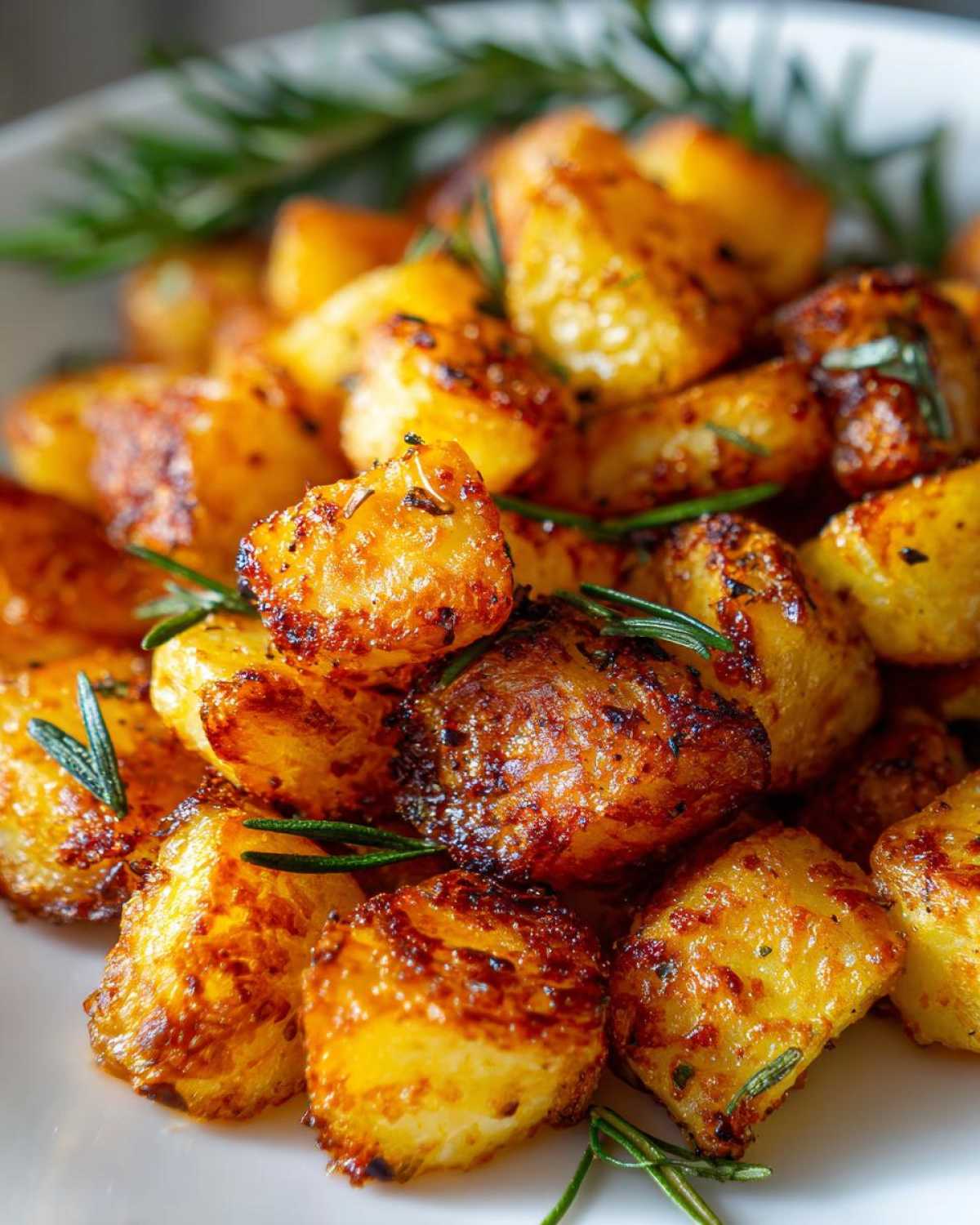 Close-up of golden brown, crispy roasted breakfast potatoes seasoned with herbs and garnished with fresh rosemary sprigs.