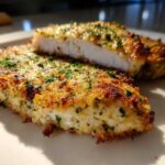 Close-up of a perfectly cooked caesar chicken fillet with a golden, crispy crust and fresh parsley garnish.