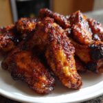 Close-up of a pile of incredibly crispy, glazed chicken wings stacked on a white plate.