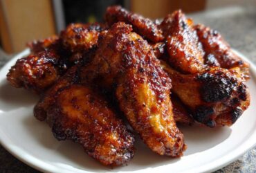 Close-up of a pile of incredibly crispy, glazed chicken wings stacked on a white plate.