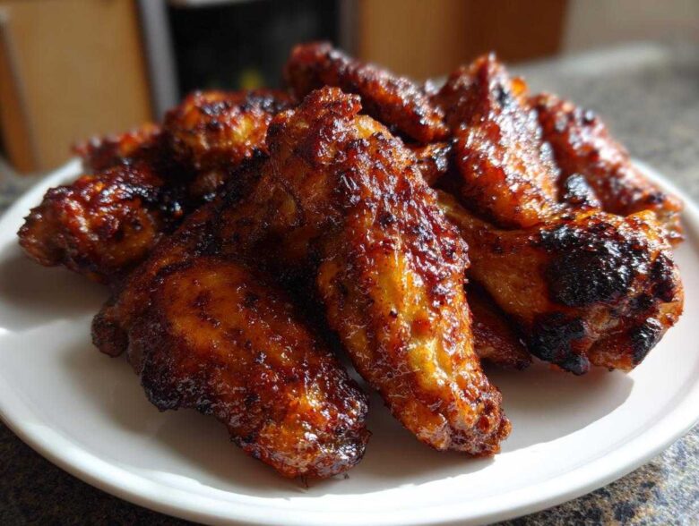 Close-up of a pile of incredibly crispy, glazed chicken wings stacked on a white plate.