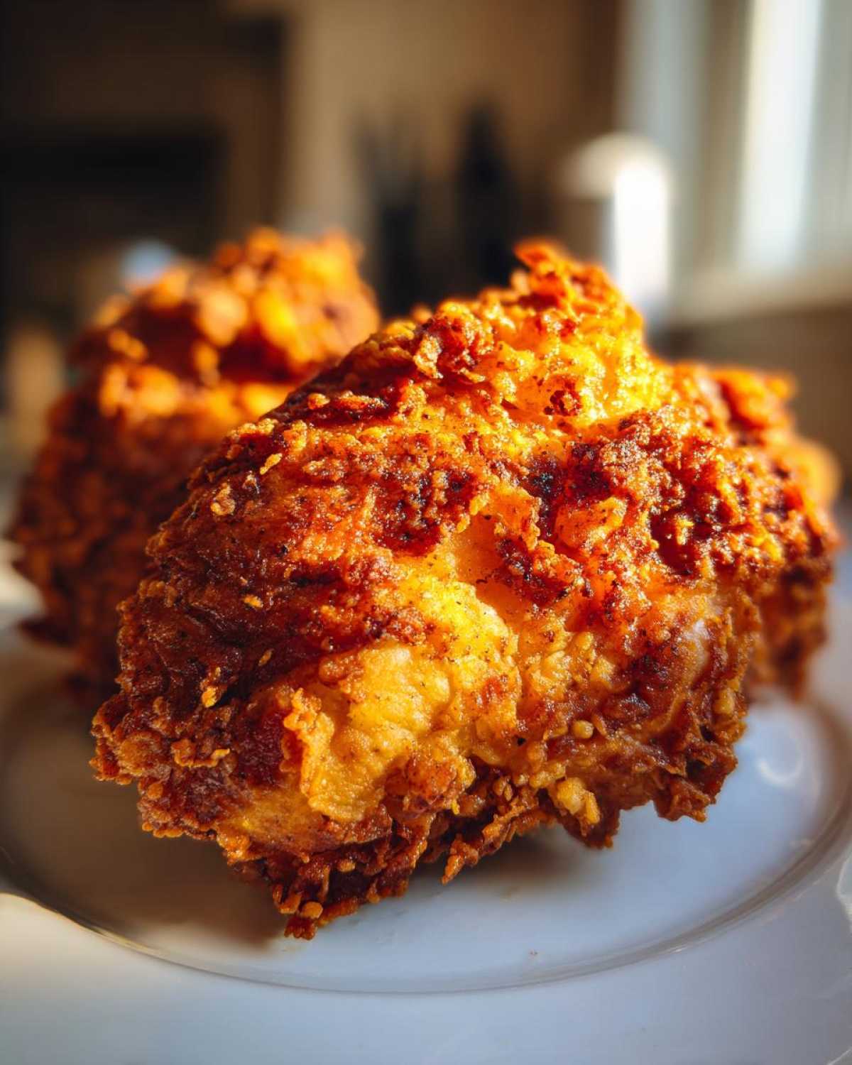Extreme close-up of a perfectly cooked piece of fried chicken with a thick, crunchy, golden-brown crust.
