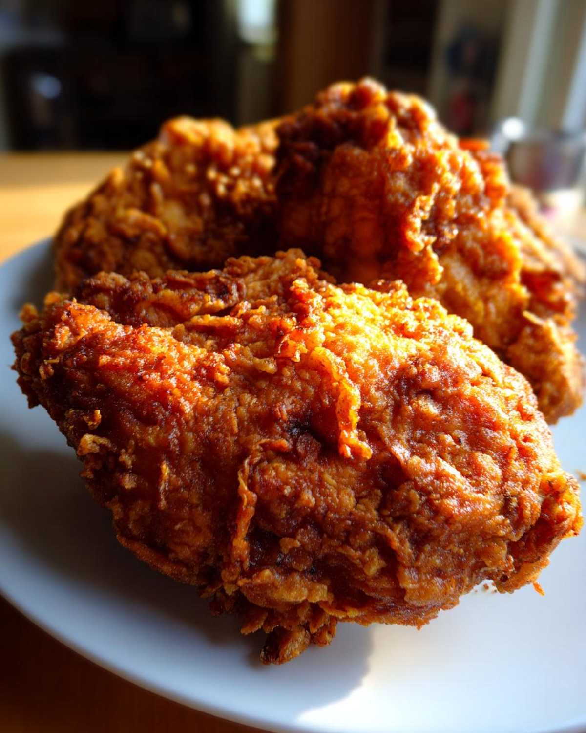 Close-up of two pieces of perfectly golden and crispy fried chicken resting on a white plate.