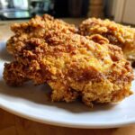 Close-up of several pieces of perfectly cooked, crispy fried chicken with a thick, golden-brown coating.