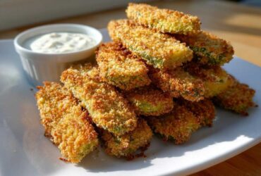 A tall stack of golden brown, crispy Fried Pickles served on a white plate next to a small ramekin of dipping sauce.