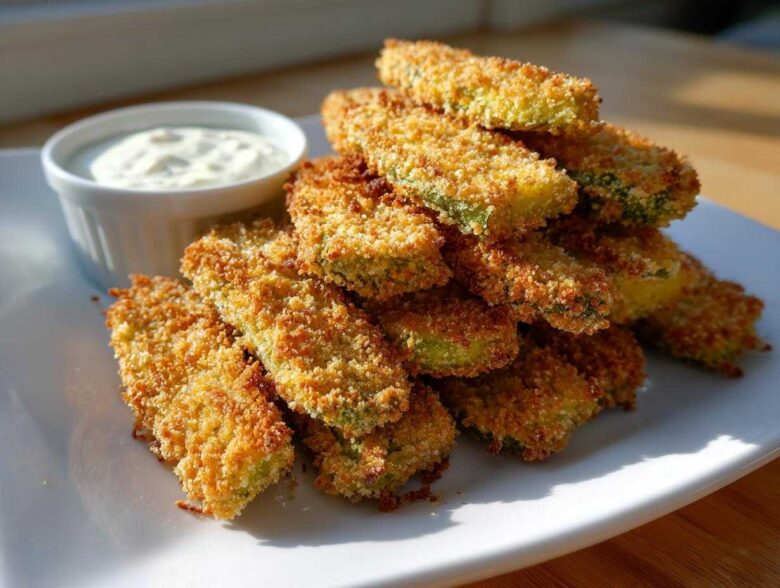 A tall stack of golden brown, crispy Fried Pickles served on a white plate next to a small ramekin of dipping sauce.