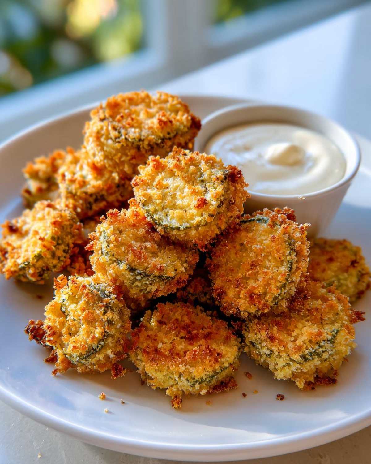 A pile of golden brown, crispy Fried Pickles served on a white plate next to a small bowl of creamy dipping sauce.