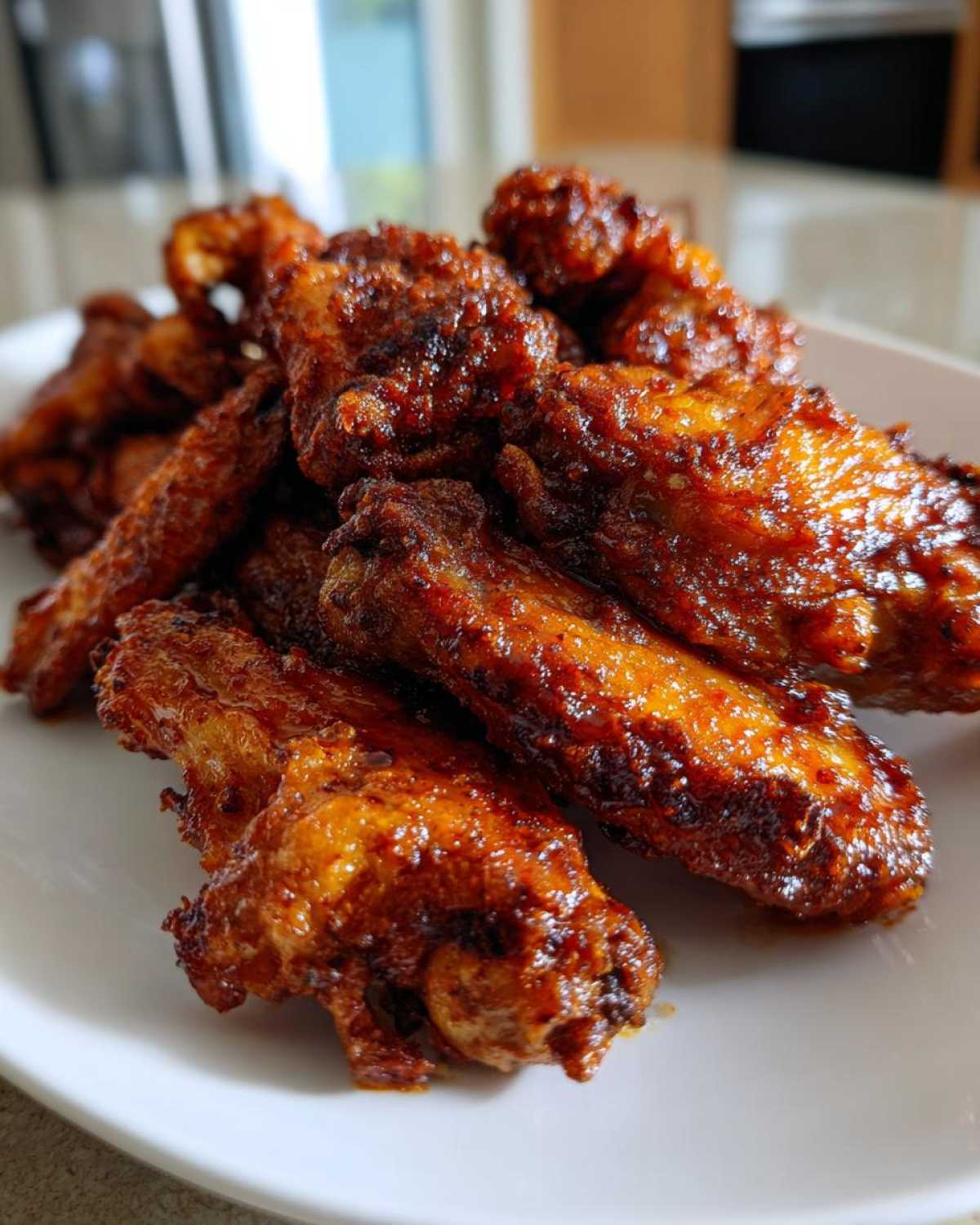 Close-up of a pile of crispy, deeply glazed chicken wings served on a white plate.
