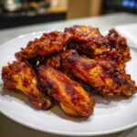 A pile of perfectly cooked, crispy chicken wings coated in a shiny, dark glaze served on a white plate.