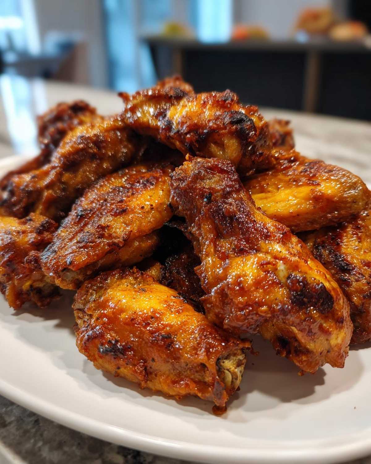 A close-up of a mound of perfectly cooked, crispy, and glazed chicken wings piled high on a white plate.