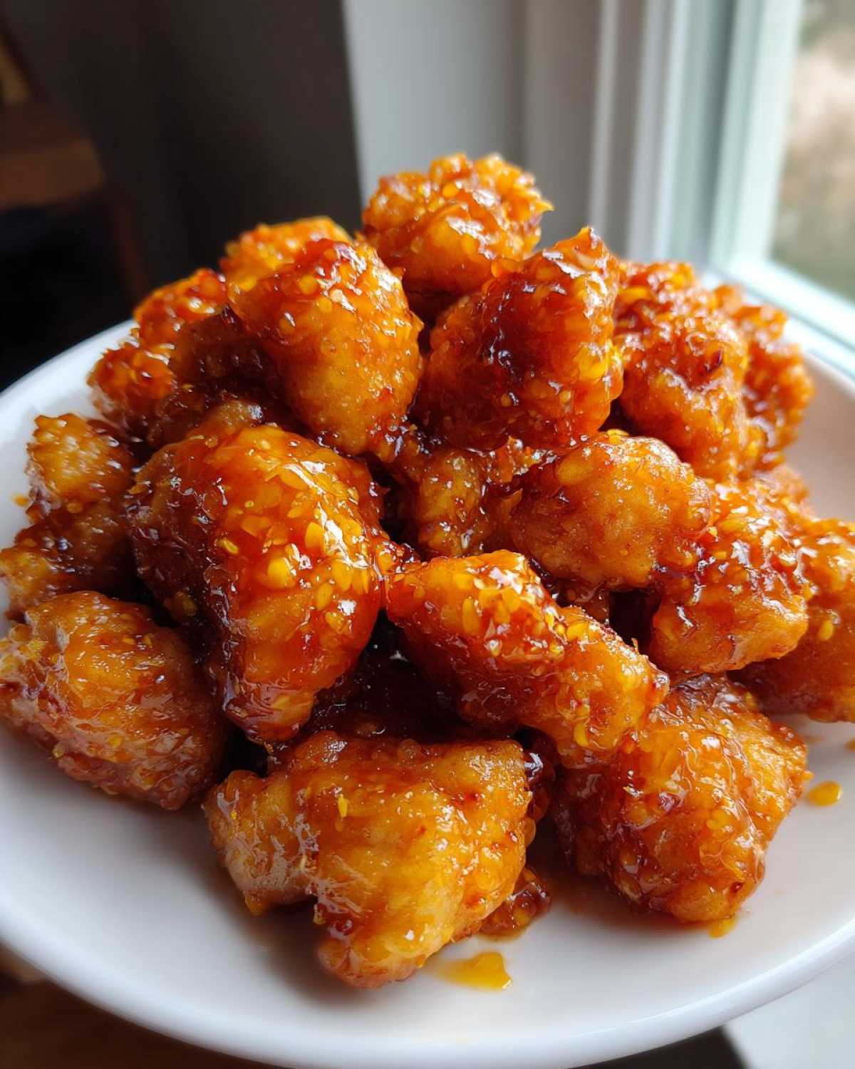 A close-up of crispy, glazed pieces of orange chicken piled high on a white plate.