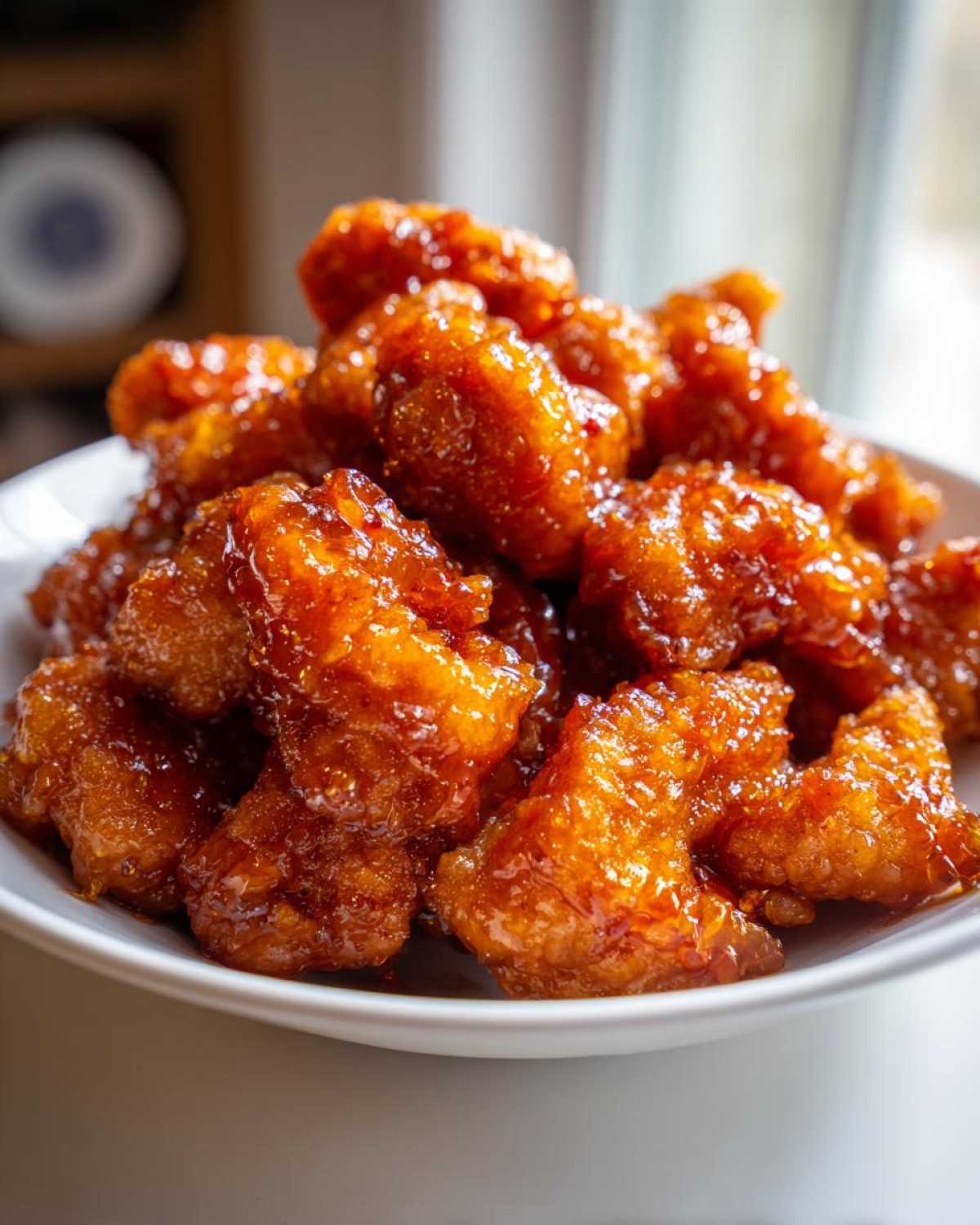 Close-up of crispy, glazed pieces of orange chicken piled high on a white plate.