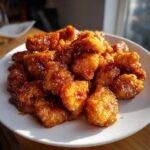 Close-up of crispy, glazed pieces of orange chicken recipe piled high on a white plate, glistening under natural light.